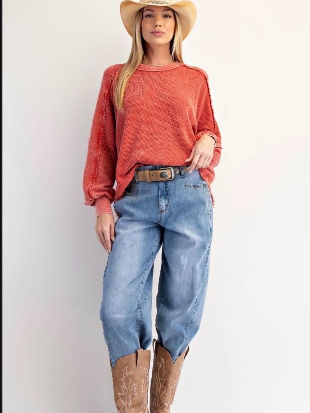 Washed Poppy Red Long Sleeve Thermal Top - Women